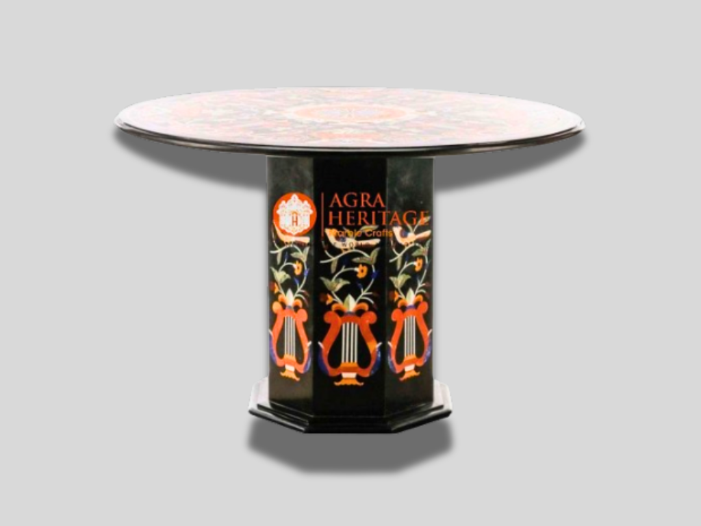 Marble Round Dining 29" Tall Base Table Top Pietra Dura Inlay